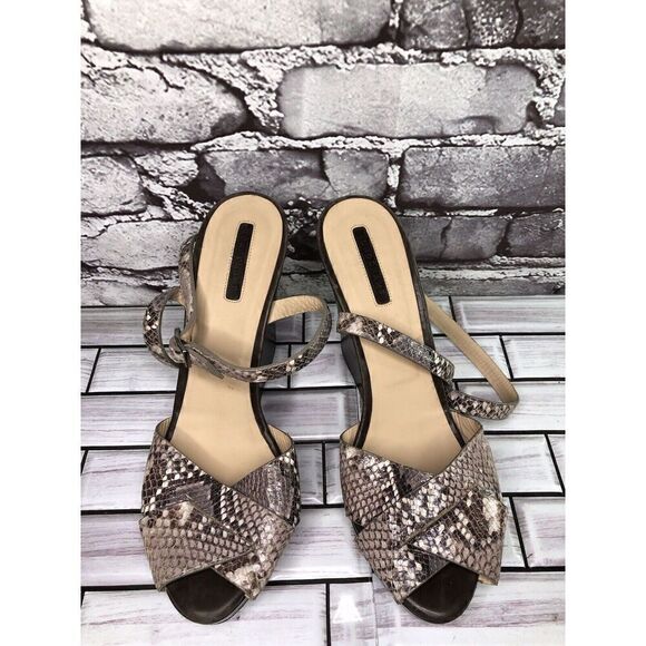Longchamp Gray Taupe Snake Skin Leather Peep Toe Wedge Strap Sandals Women Sz 38 - Picture 3 of 16